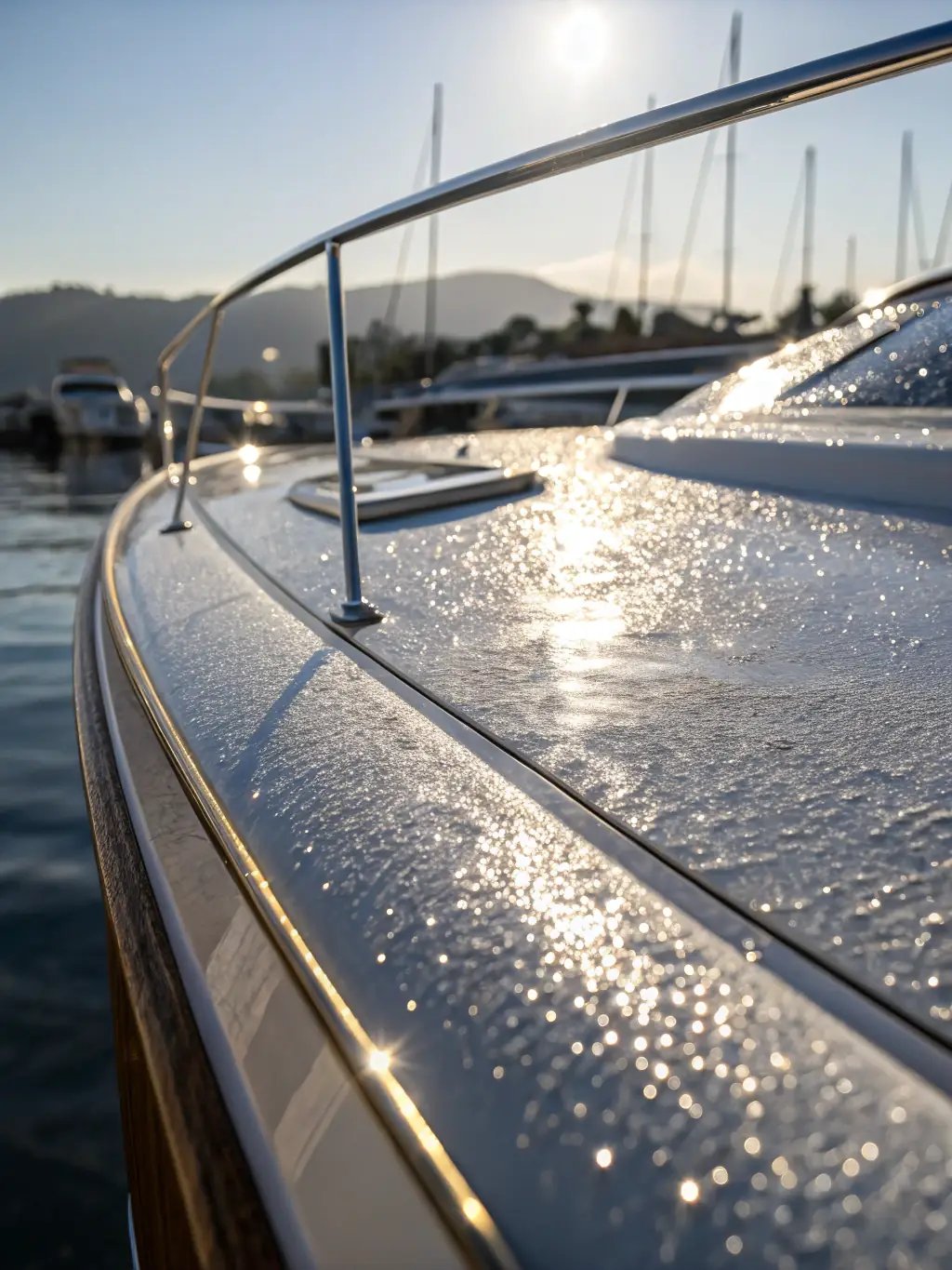 A wide shot of a boat glistening in the sunlight after a fresh waxing. The water reflects the boat's shine, emphasizing the protective layer and enhanced color depth achieved through waxing.